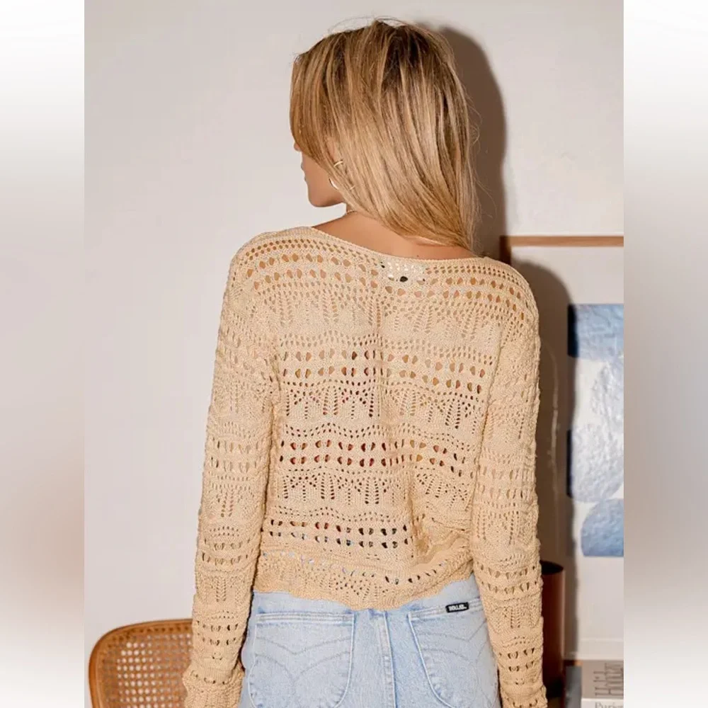 Lulus Only Yours Beige Sheer Crochet Ruched Sweater Top Small - Picture 2 of 7